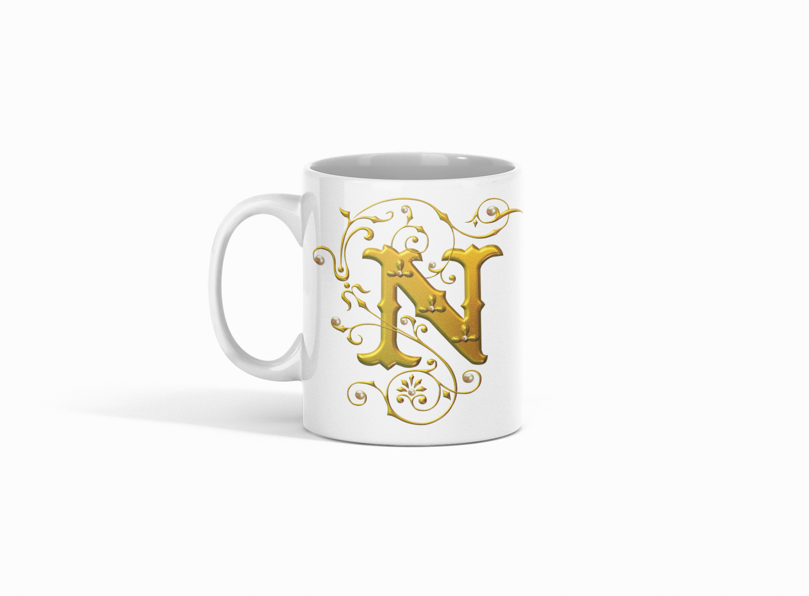 premium white coffee mug, featuring a sophisticated Designer "N" in golden gradient text