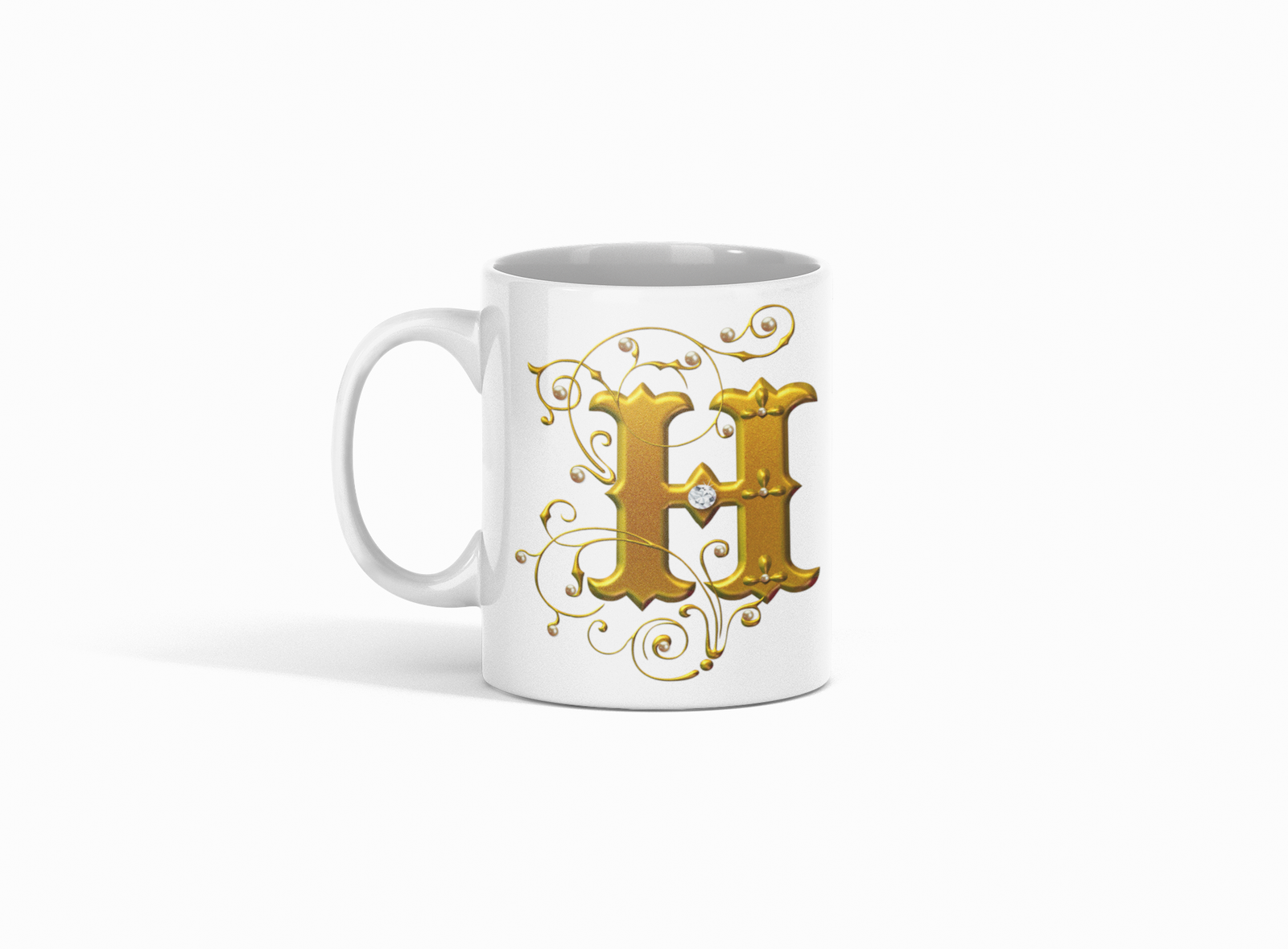 premium white coffee mug, featuring a stunning Designer "H" in golden gradient text