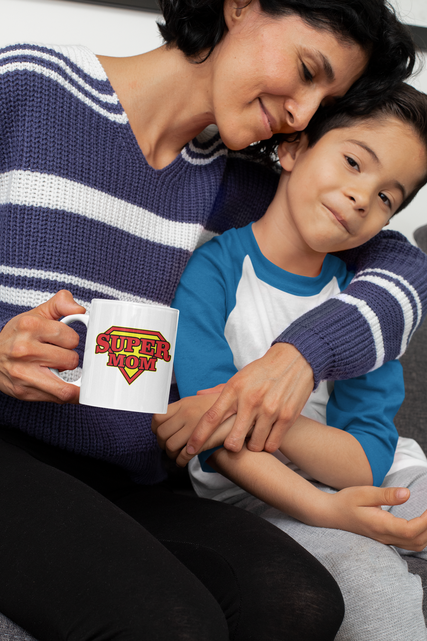 White Coffee Mug featuring "Super Mom" text in Superman logo format