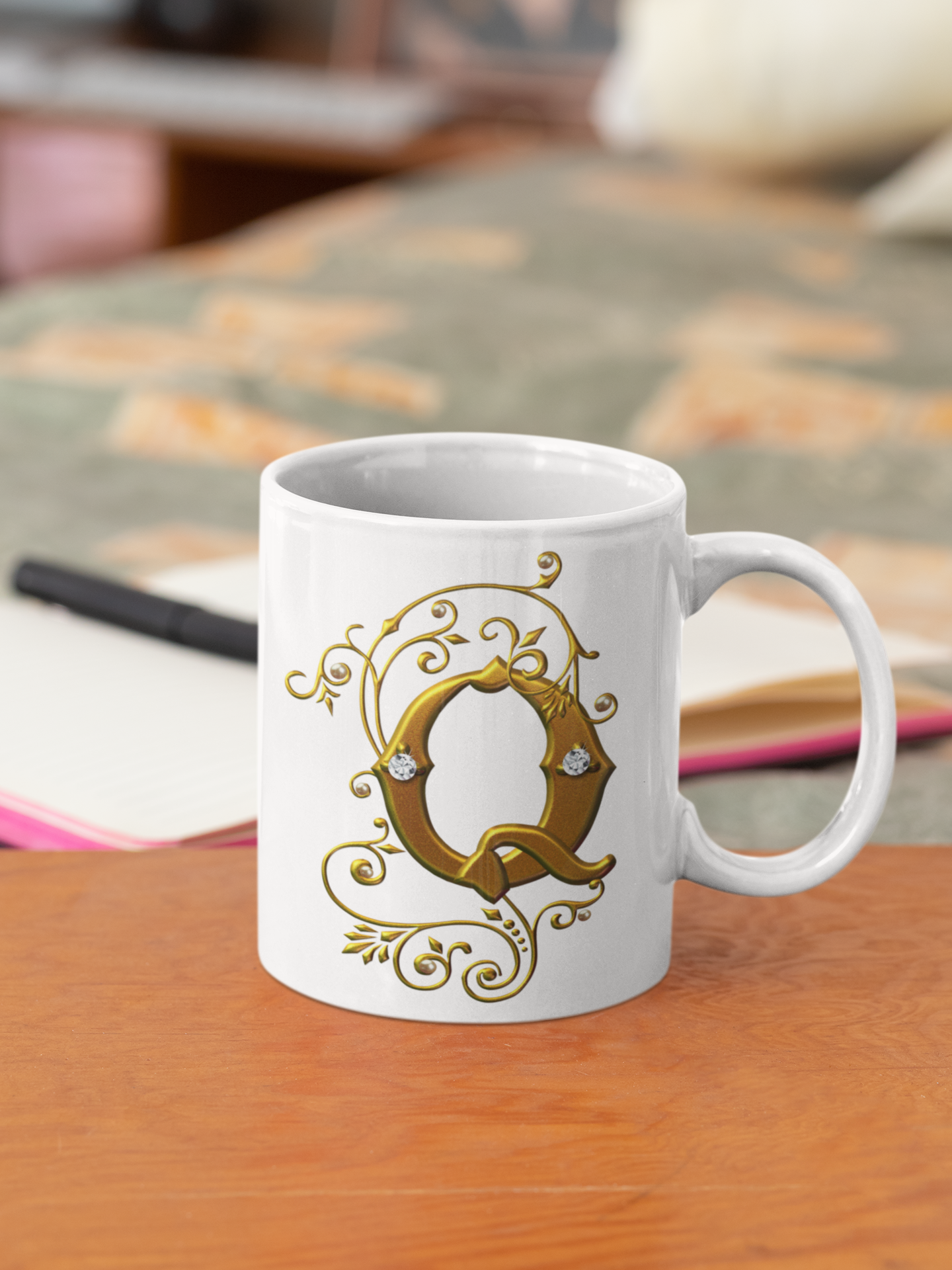 premium white coffee mug, featuring a sleek Designer "Q" in golden gradient text.