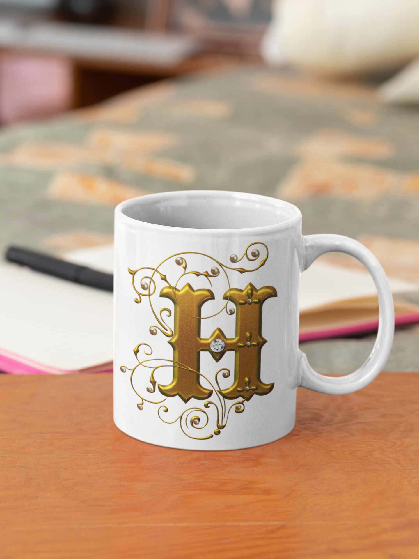 premium white coffee mug, featuring a stunning Designer "H" in golden gradient text