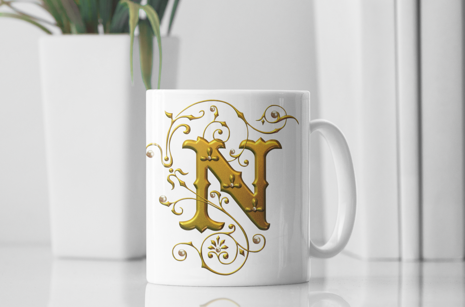 premium white coffee mug, featuring a sophisticated Designer "N" in golden gradient text