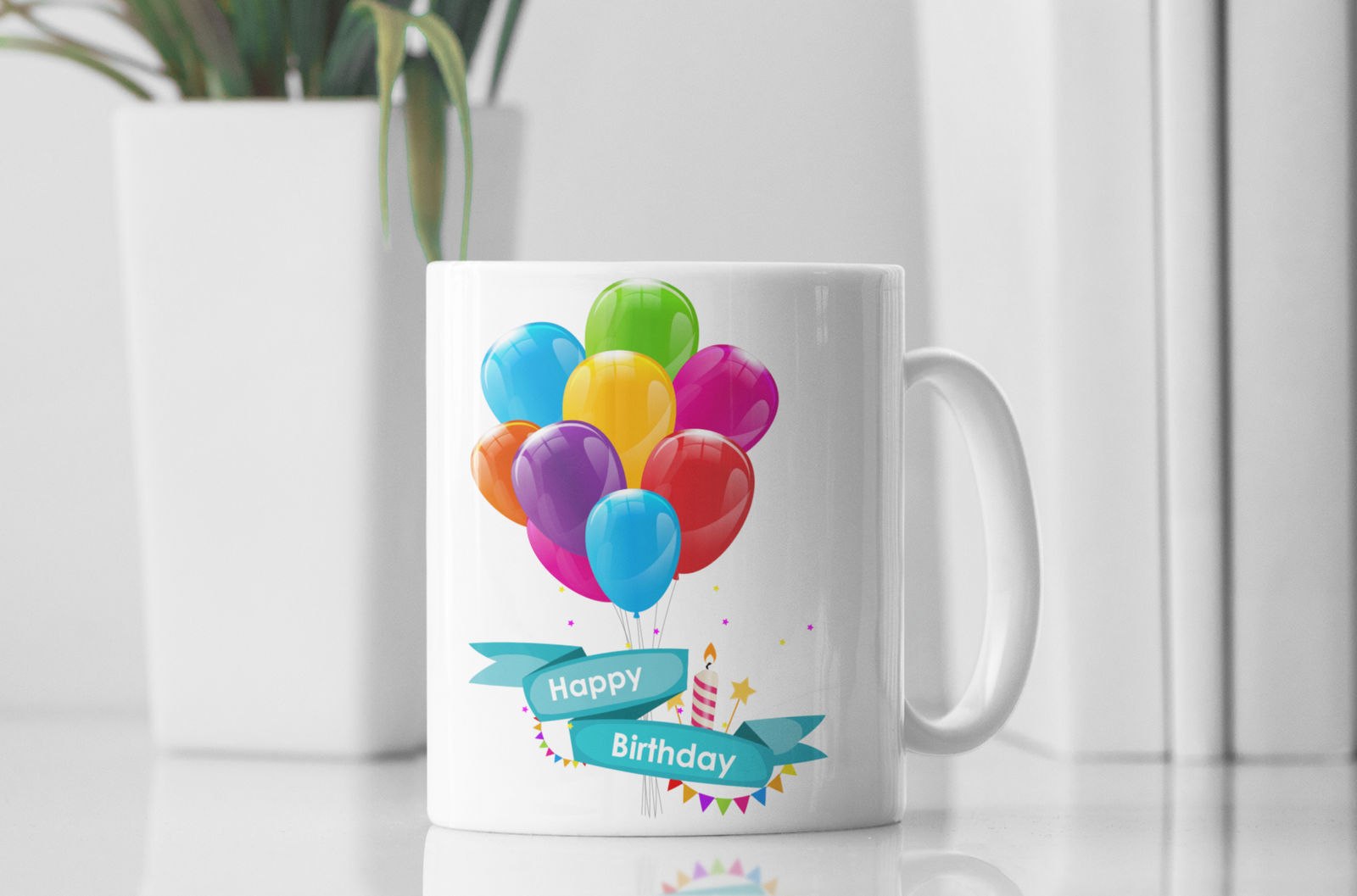 Premium White Coffee Mug with "Happy Birthday" Text & Colorful Balloons