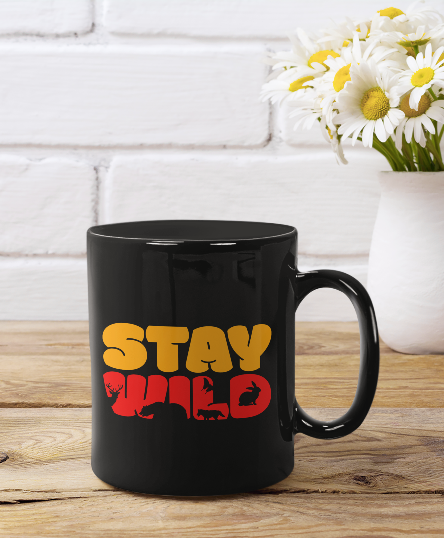Black Coffee Mug – "Stay Wild" Colorful Print