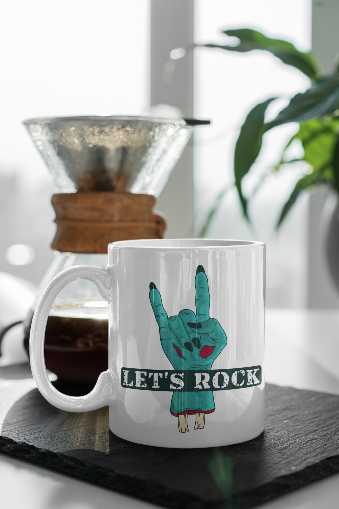 White Coffee Mug – "Let's Rock" Text & Design