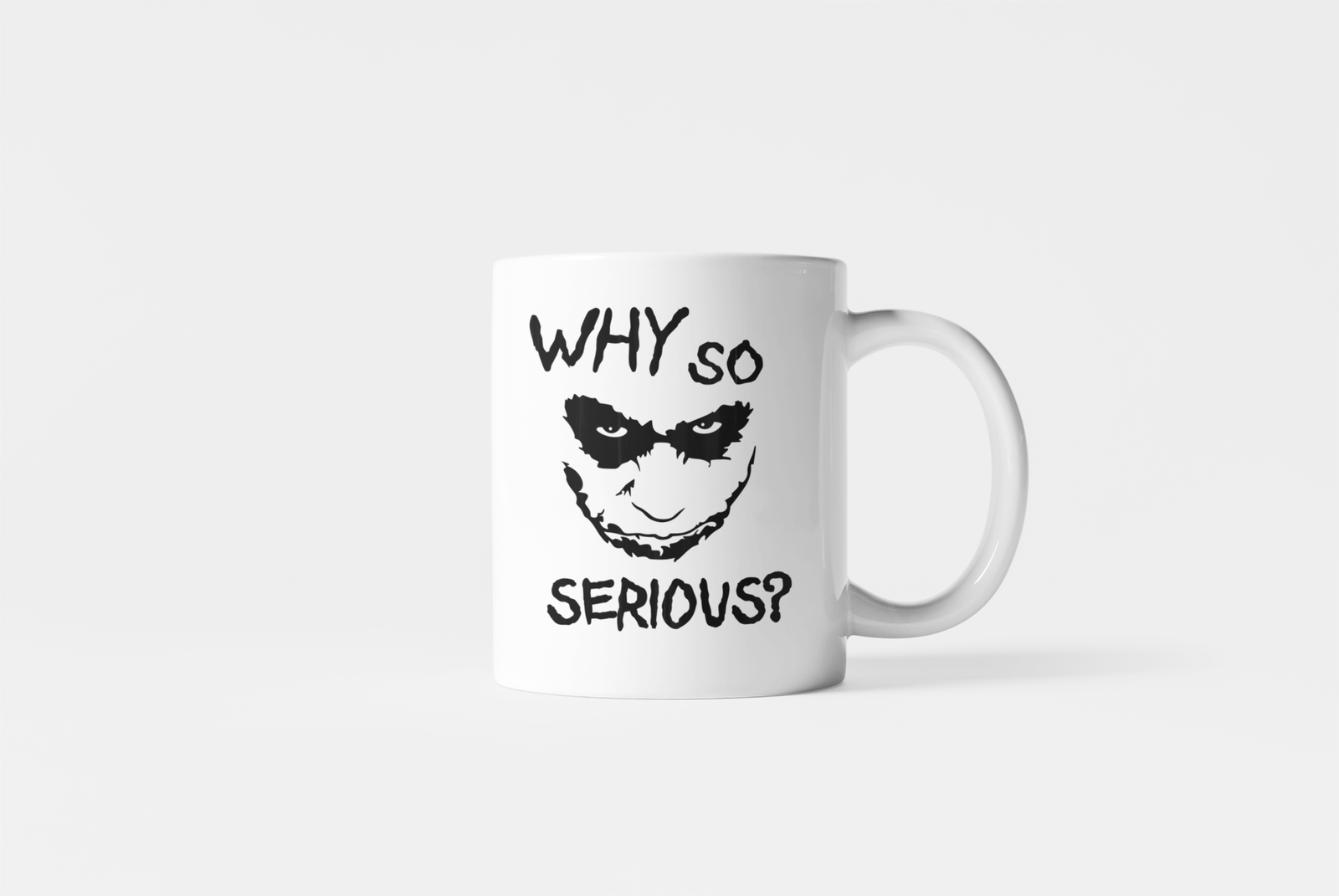White Coffee Mug with "Why So Serious?" Text & Joker Face Print – Perfect for DC & Villain Fans